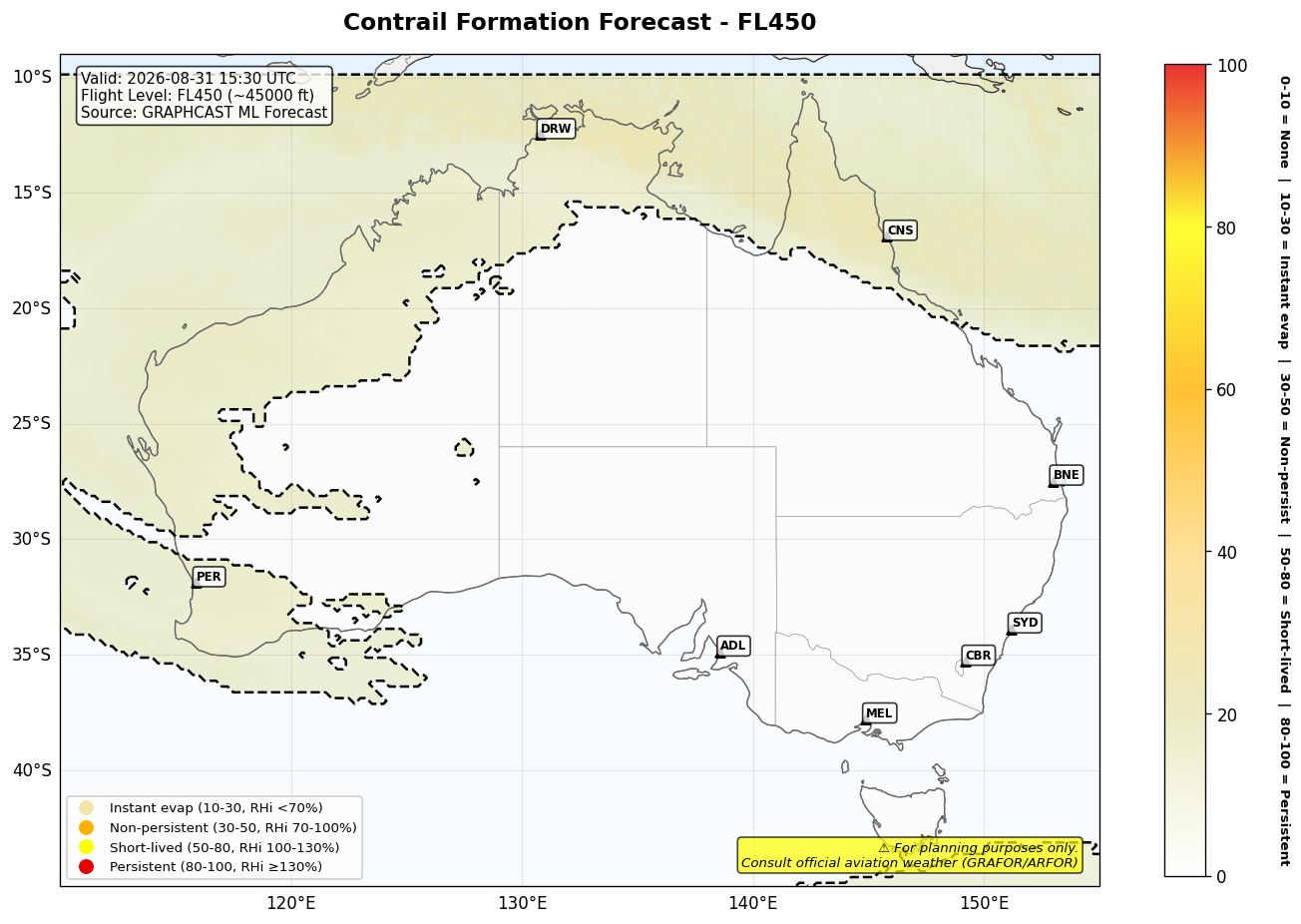 Contrail forecast for FL450 at 2026-08-31 15:30 UTC