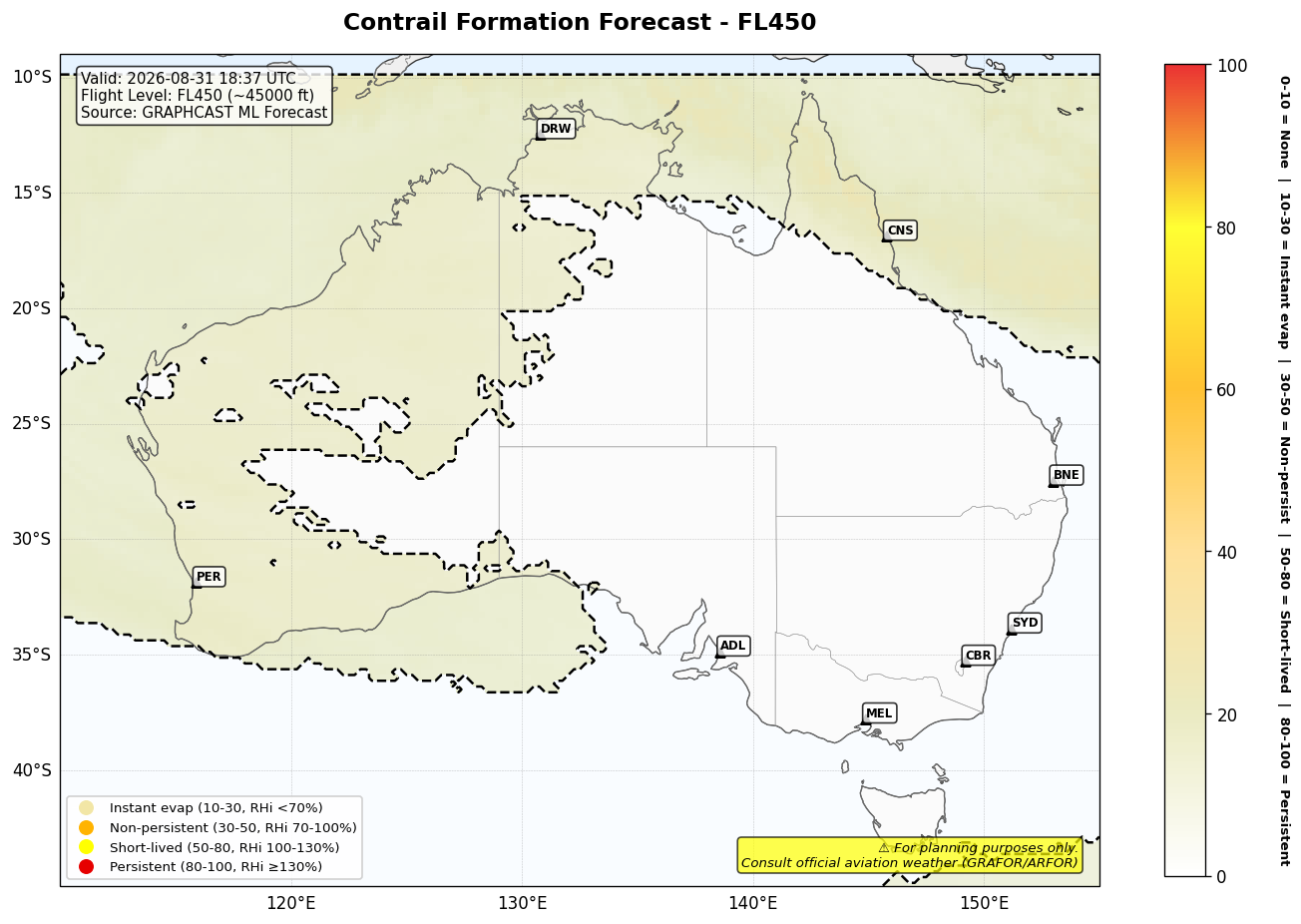 Contrail forecast for FL450 at 2026-08-31 18:37 UTC