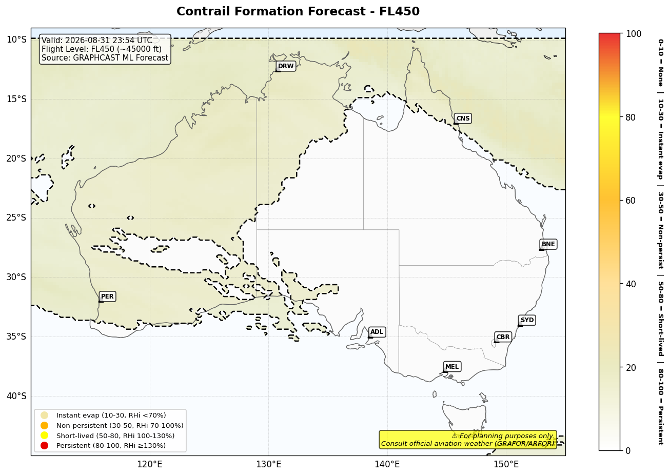 Contrail forecast for FL450 at 2026-08-31 23:54 UTC
