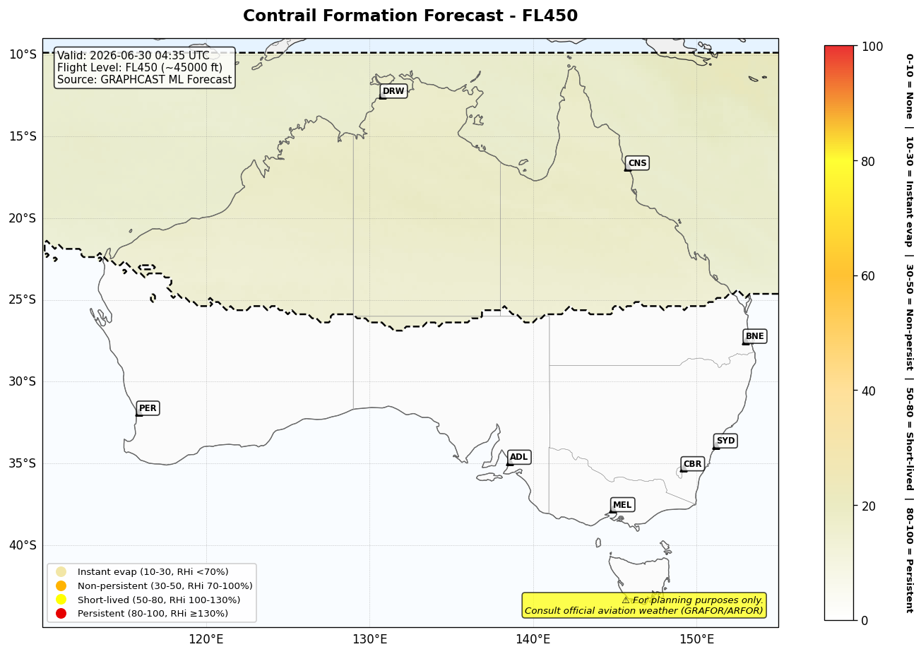 Contrail forecast for FL450 at 2026-06-30 04:35 UTC