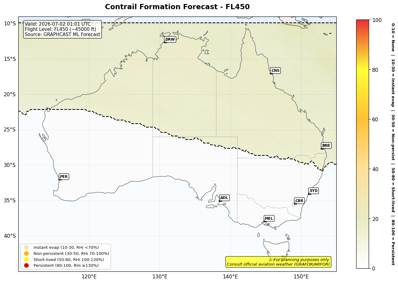 Contrail forecast for FL450 at 2026-07-02 01:01 UTC