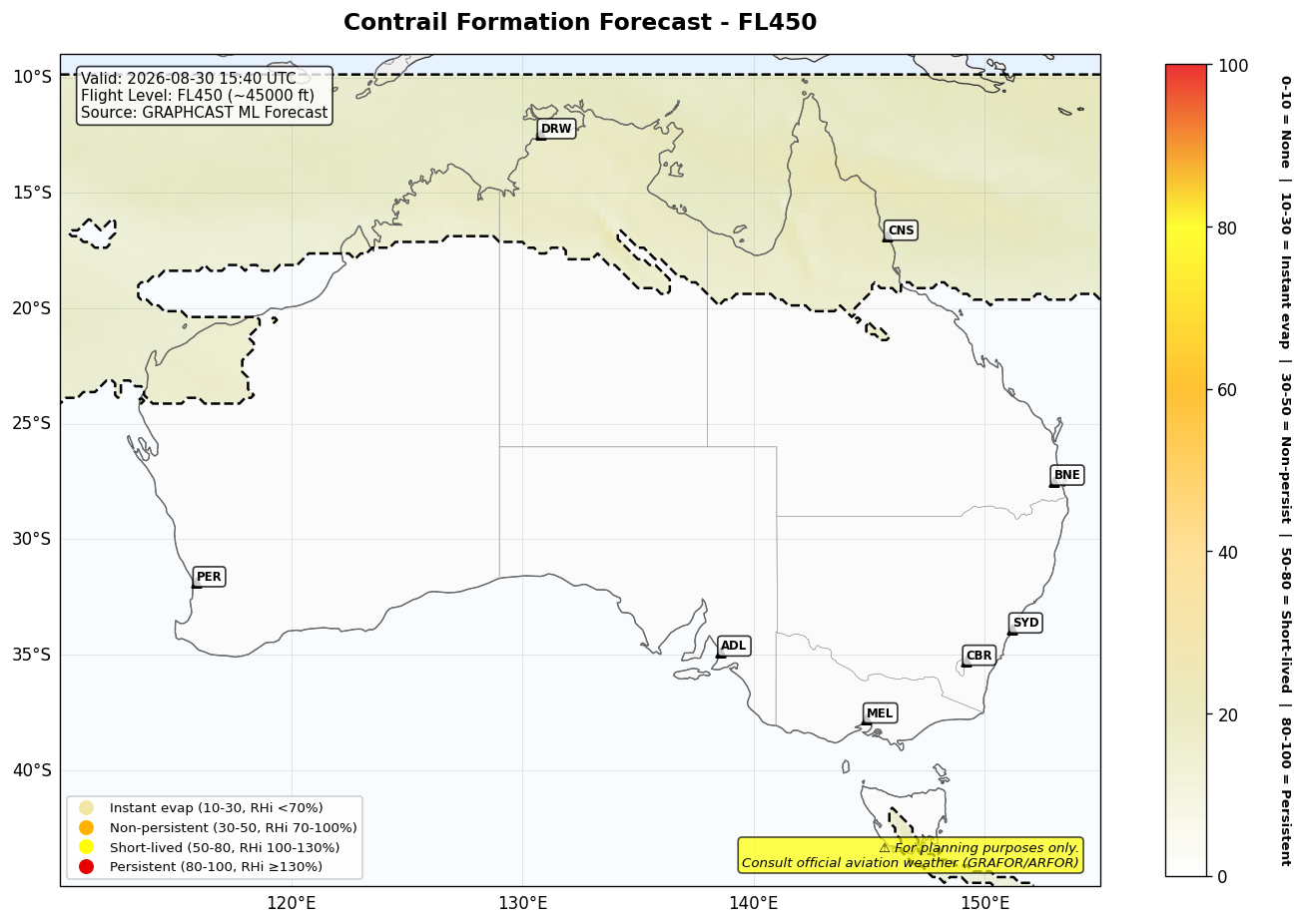 Contrail forecast for FL450 at 2026-08-30 15:40 UTC