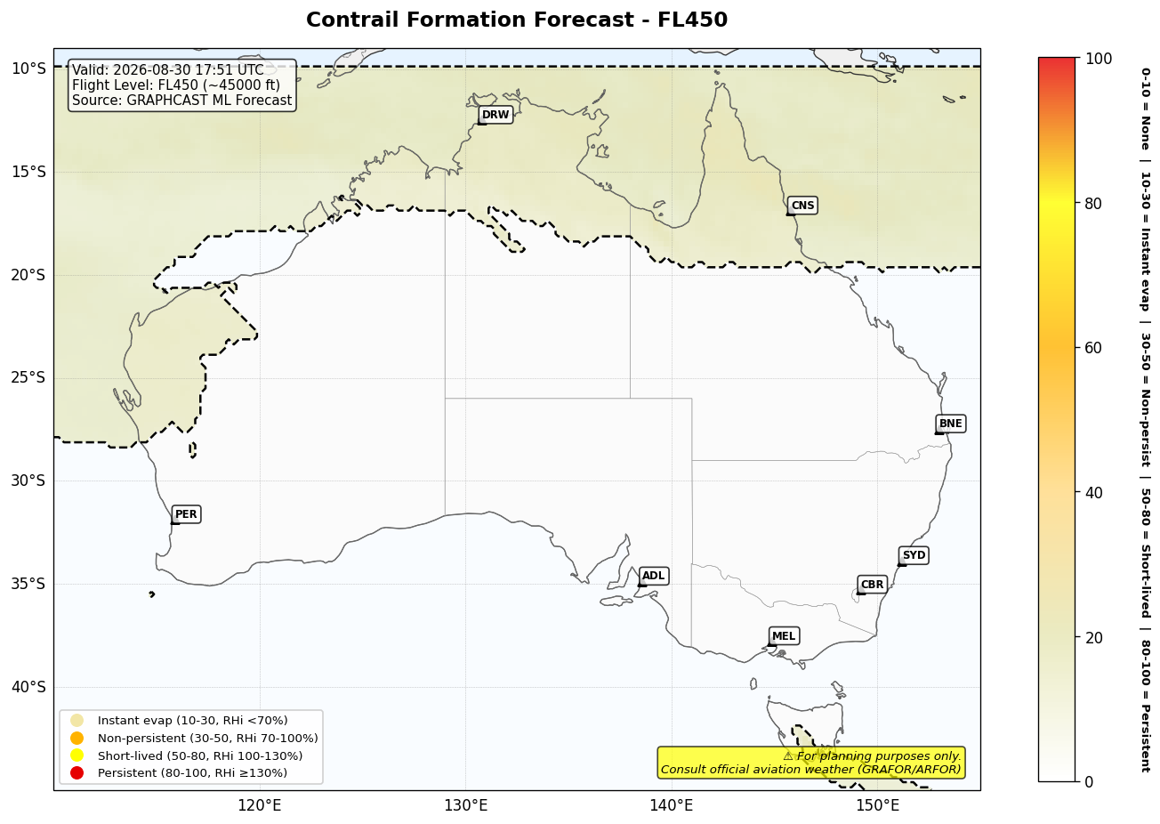 Contrail forecast for FL450 at 2026-08-30 17:51 UTC