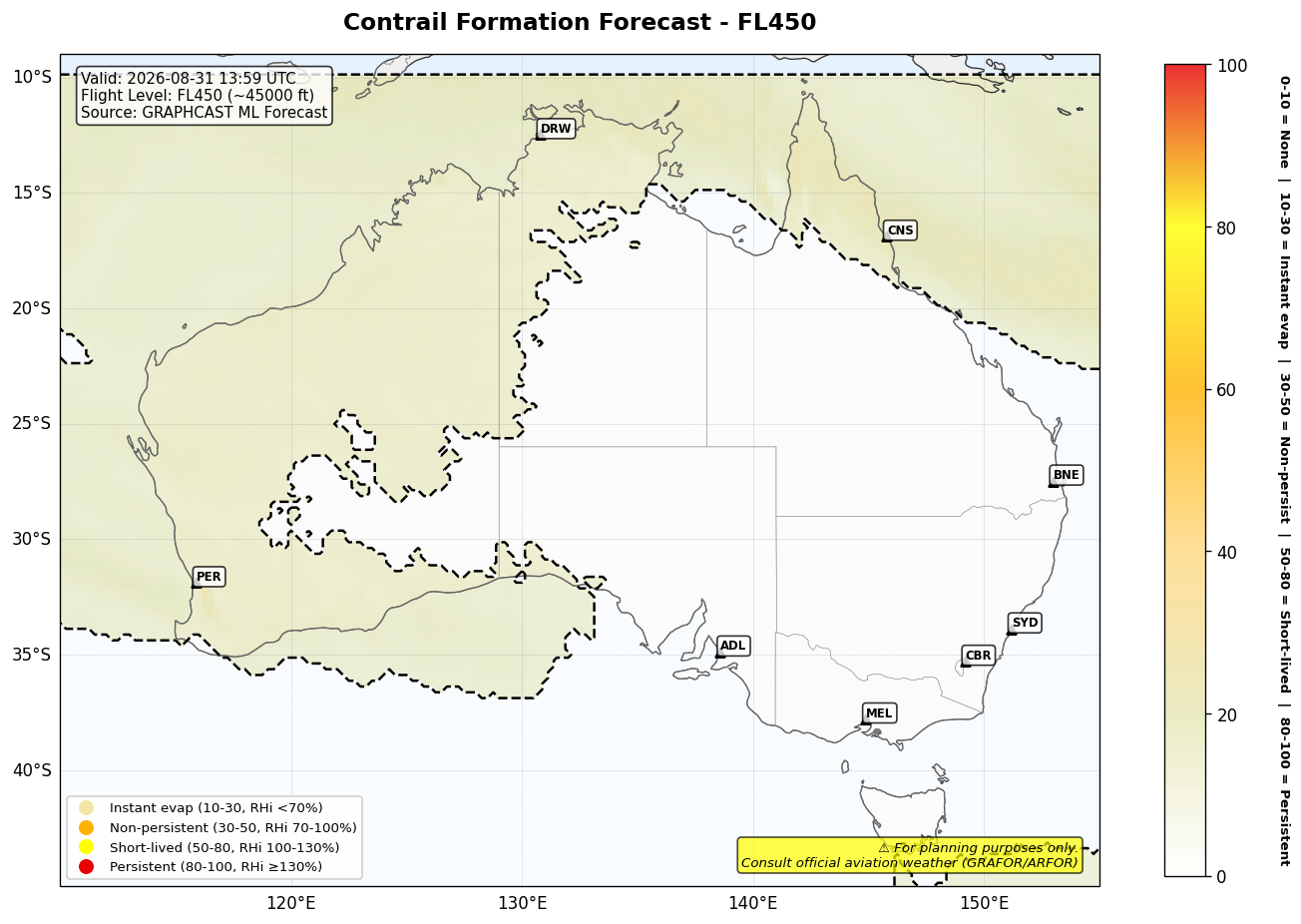 Contrail forecast for FL450 at 2026-08-31 13:59 UTC