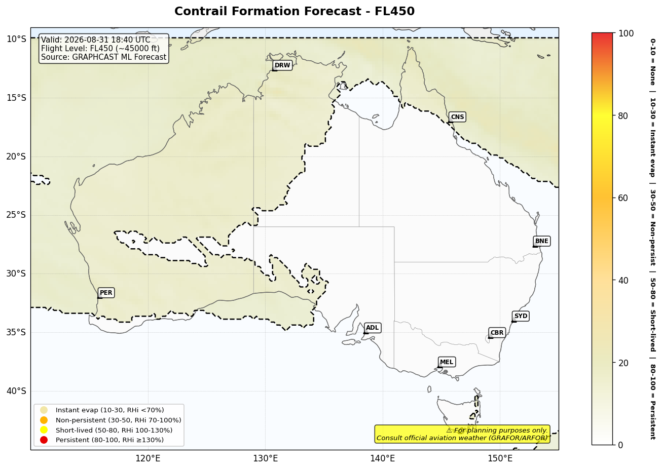 Contrail forecast for FL450 at 2026-08-31 18:40 UTC