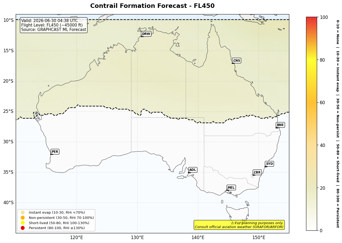 Contrail forecast for FL450 at 2026-06-30 04:38 UTC