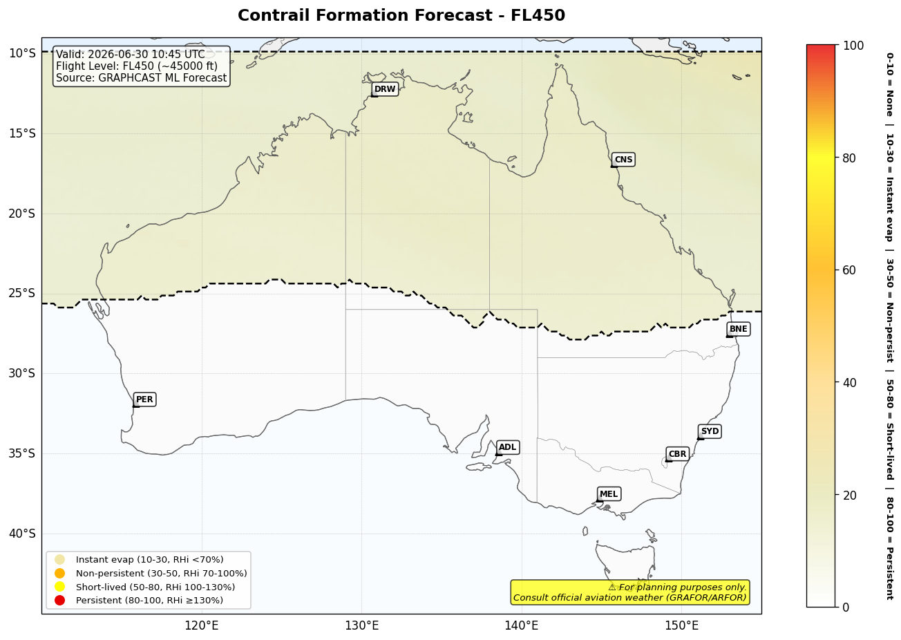 Contrail forecast for FL450 at 2026-06-30 10:45 UTC