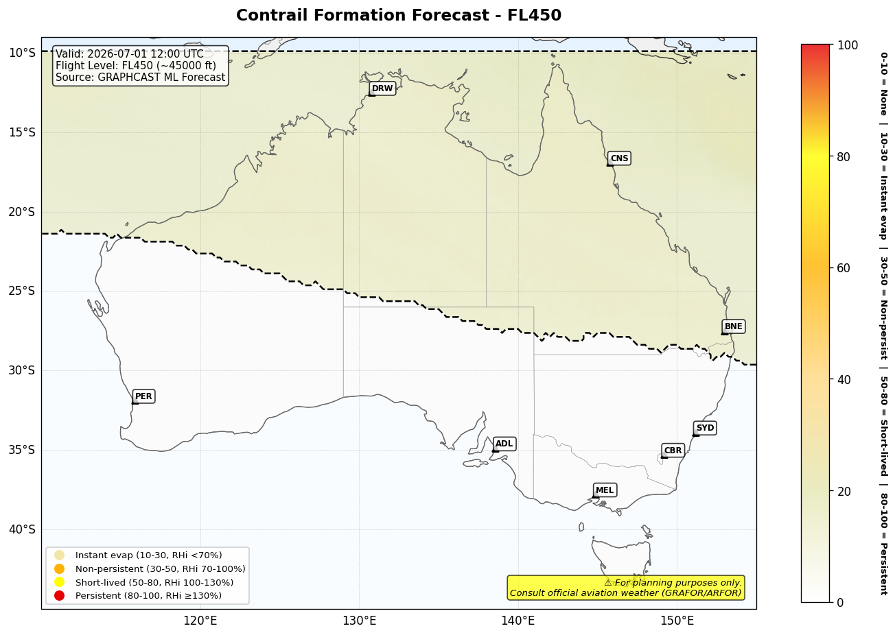 Contrail forecast for FL450 at 2026-07-01 12:00 UTC
