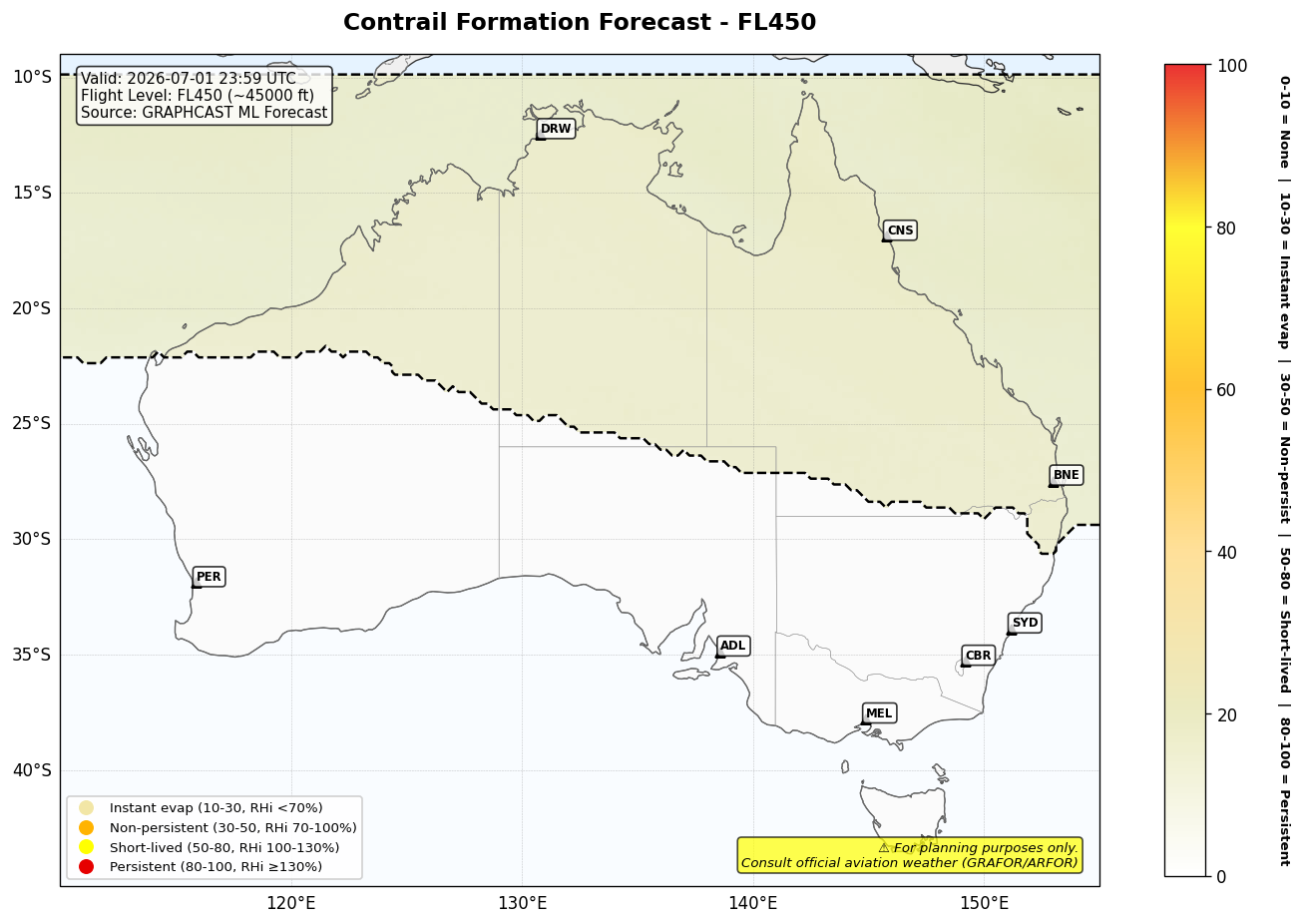 Contrail forecast for FL450 at 2026-07-01 23:59 UTC