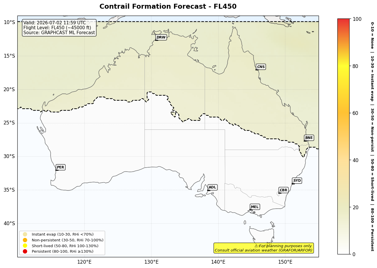 Contrail forecast for FL450 at 2026-07-02 11:59 UTC