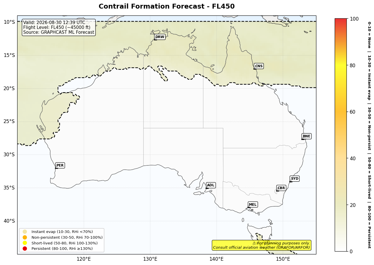 Contrail forecast for FL450 at 2026-08-30 12:39 UTC