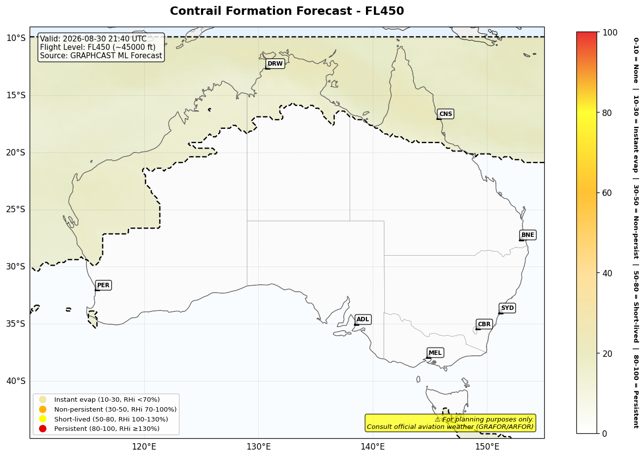 Contrail forecast for FL450 at 2026-08-30 21:40 UTC