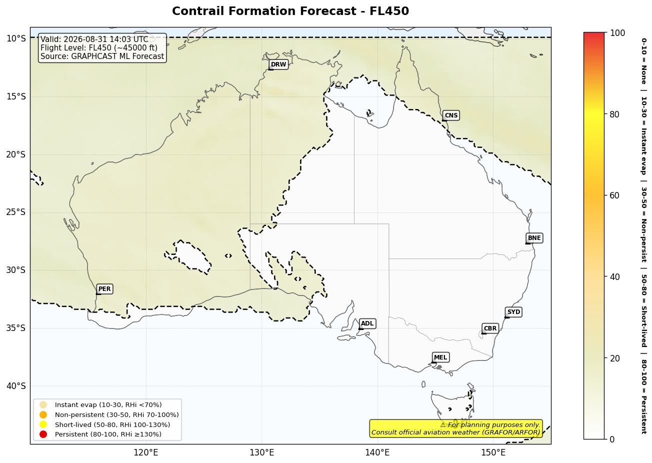 Contrail forecast for FL450 at 2026-08-31 14:03 UTC