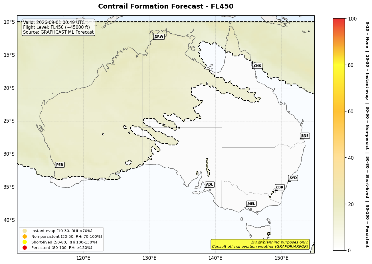 Contrail forecast for FL450 at 2026-09-01 00:49 UTC