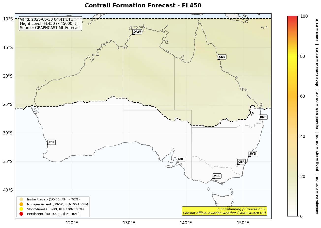 Contrail forecast for FL450 at 2026-06-30 04:41 UTC