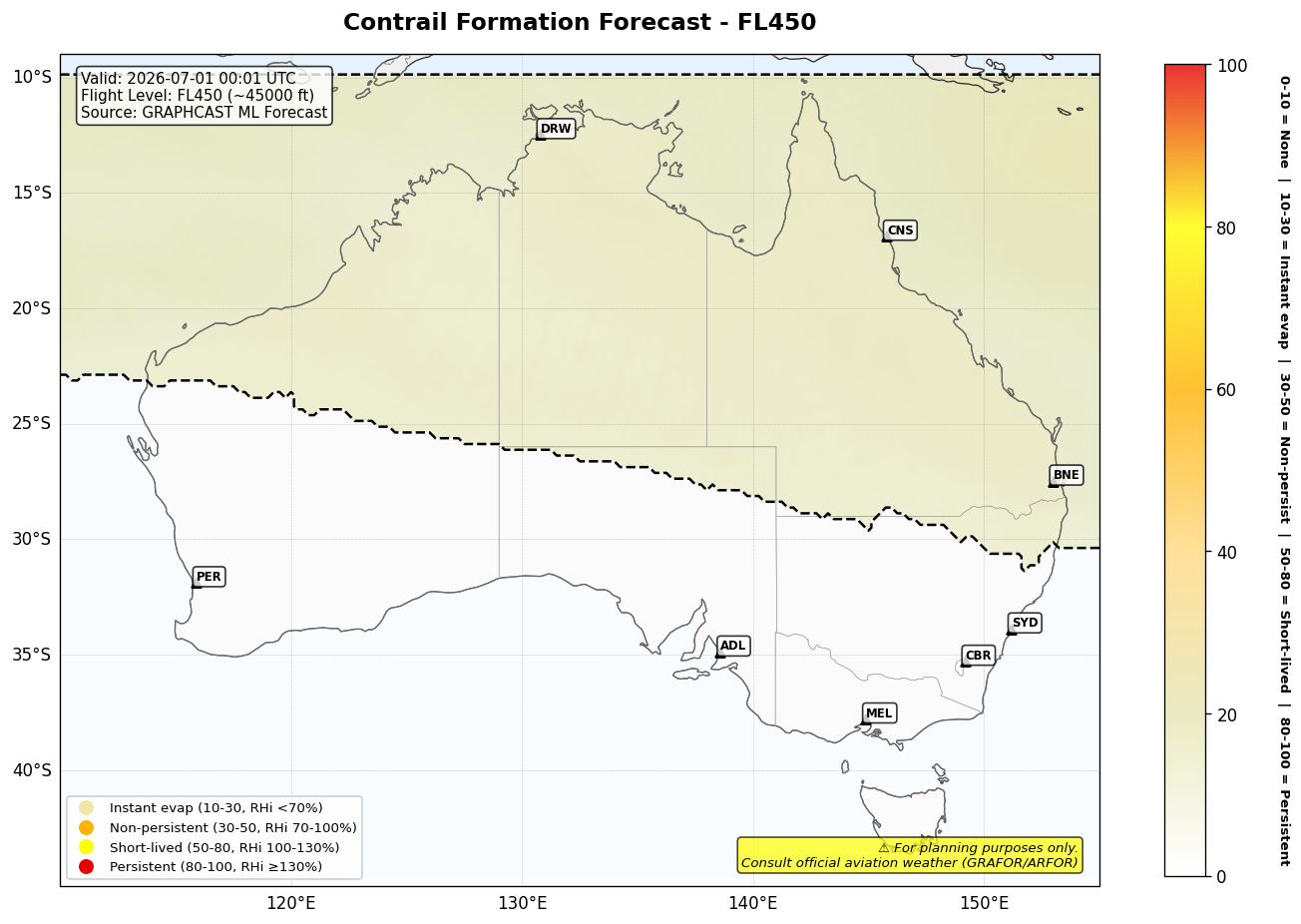Contrail forecast for FL450 at 2026-07-01 00:01 UTC