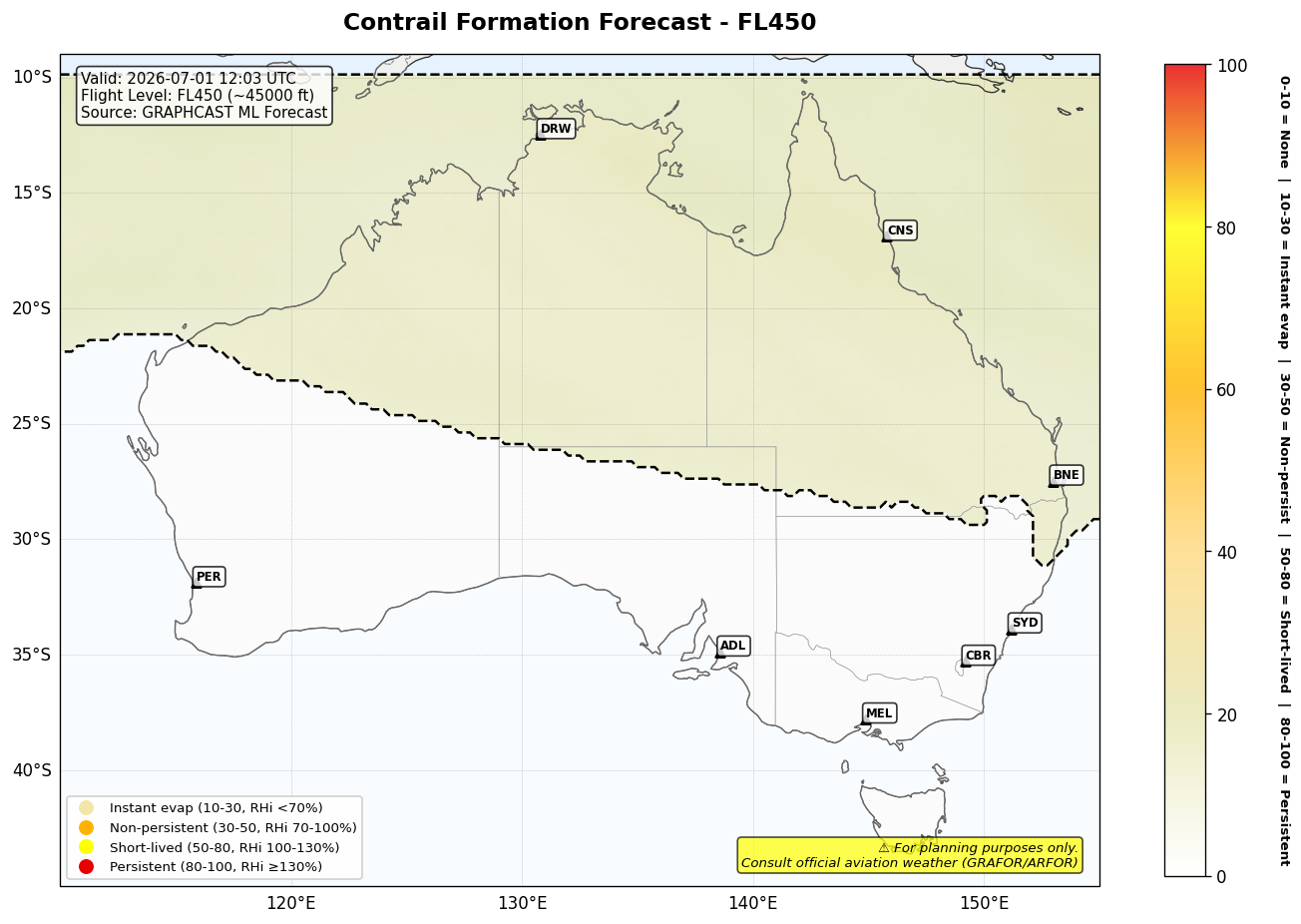 Contrail forecast for FL450 at 2026-07-01 12:03 UTC