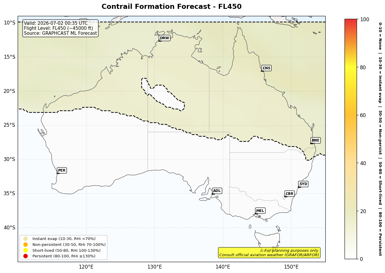 Contrail forecast for FL450 at 2026-07-02 00:35 UTC