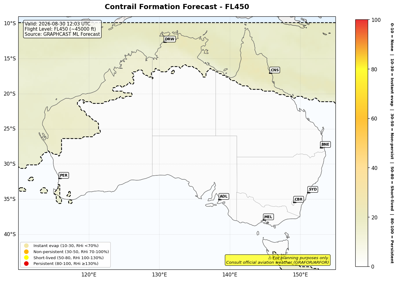 Contrail forecast for FL450 at 2026-08-30 12:03 UTC