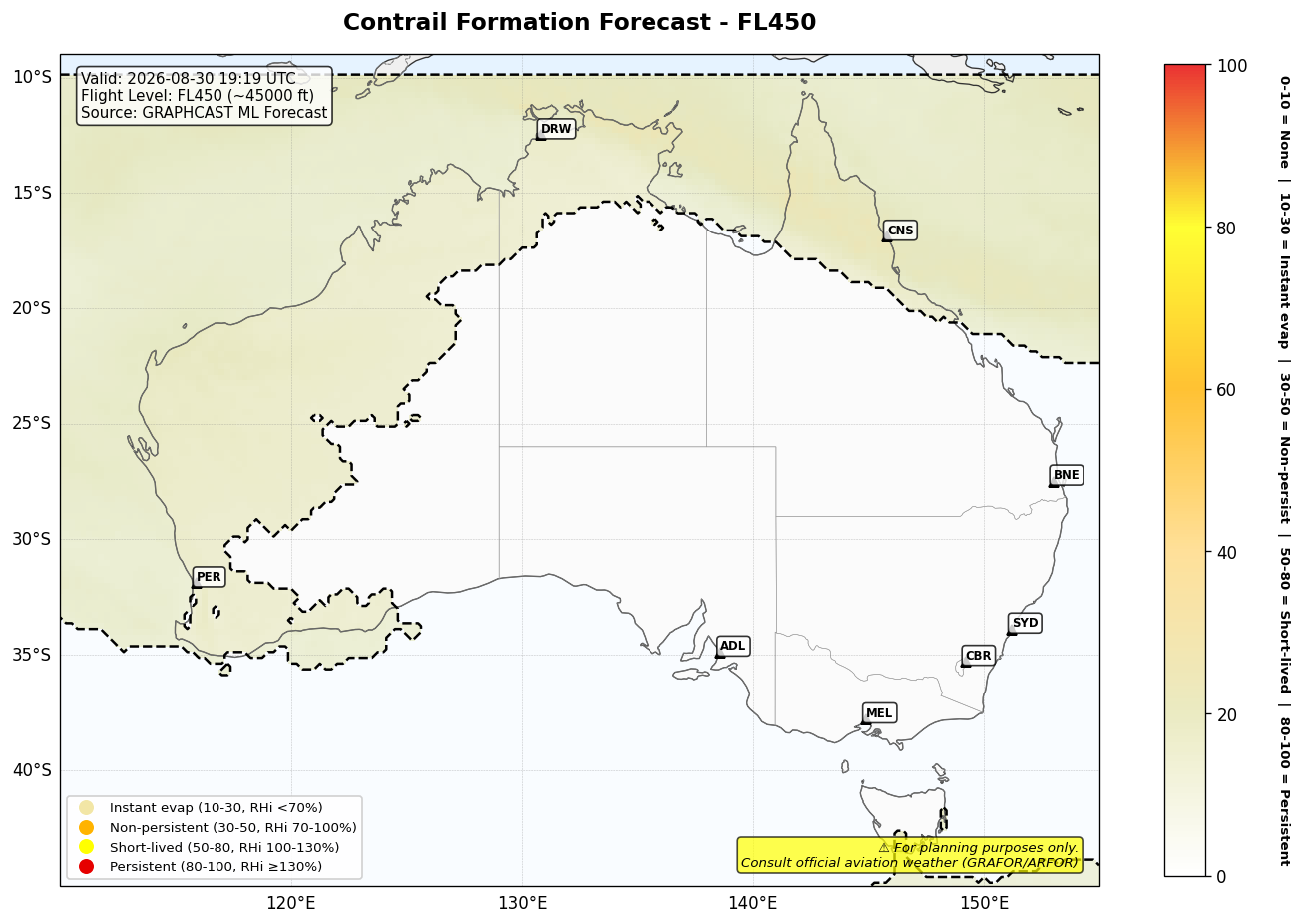 Contrail forecast for FL450 at 2026-08-30 19:19 UTC