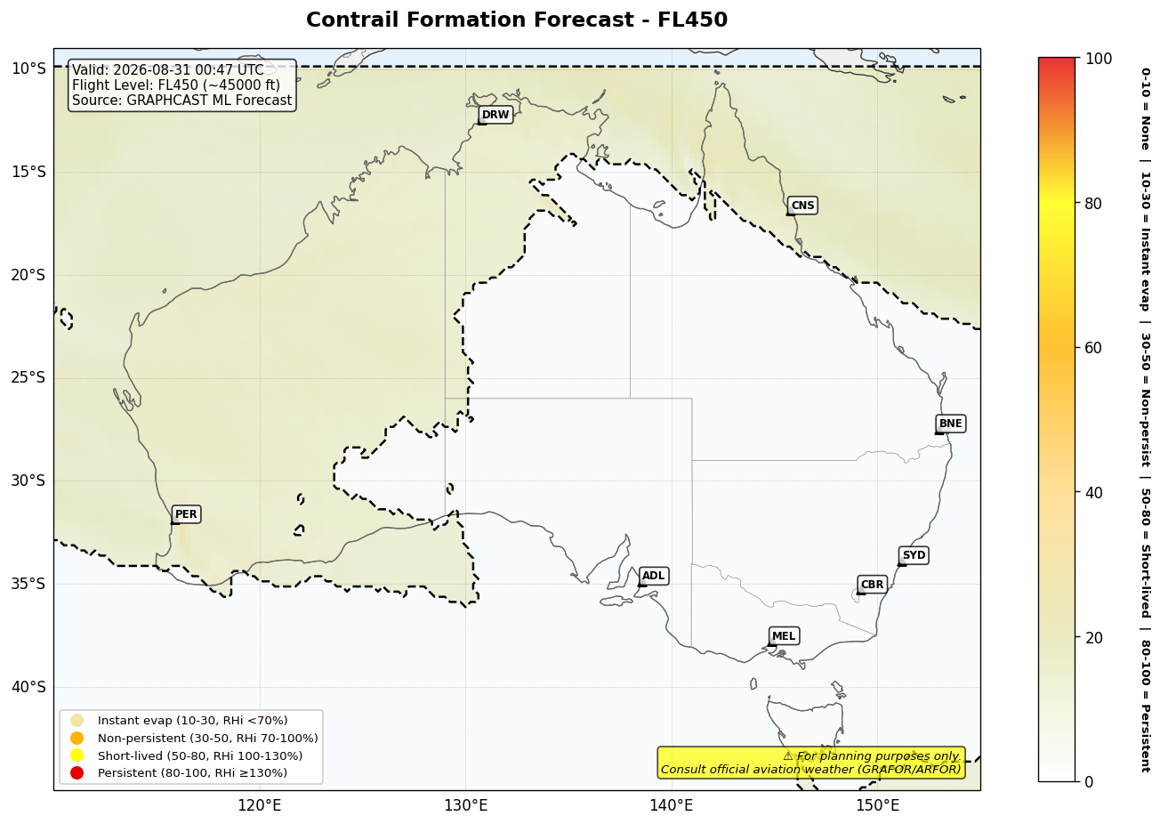 Contrail forecast for FL450 at 2026-08-31 00:47 UTC