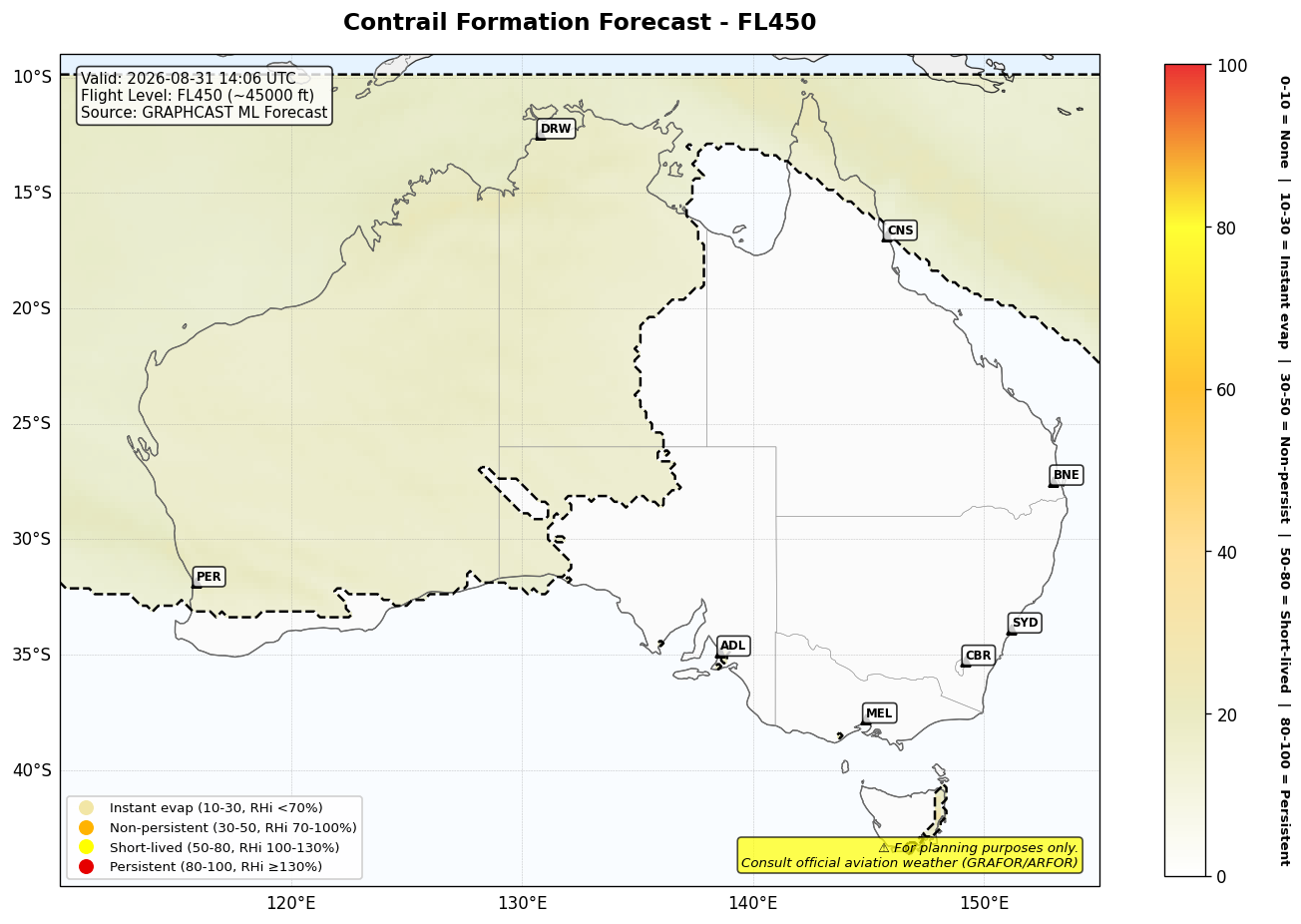 Contrail forecast for FL450 at 2026-08-31 14:06 UTC