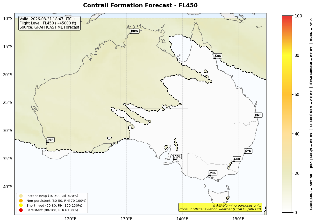 Contrail forecast for FL450 at 2026-08-31 18:47 UTC