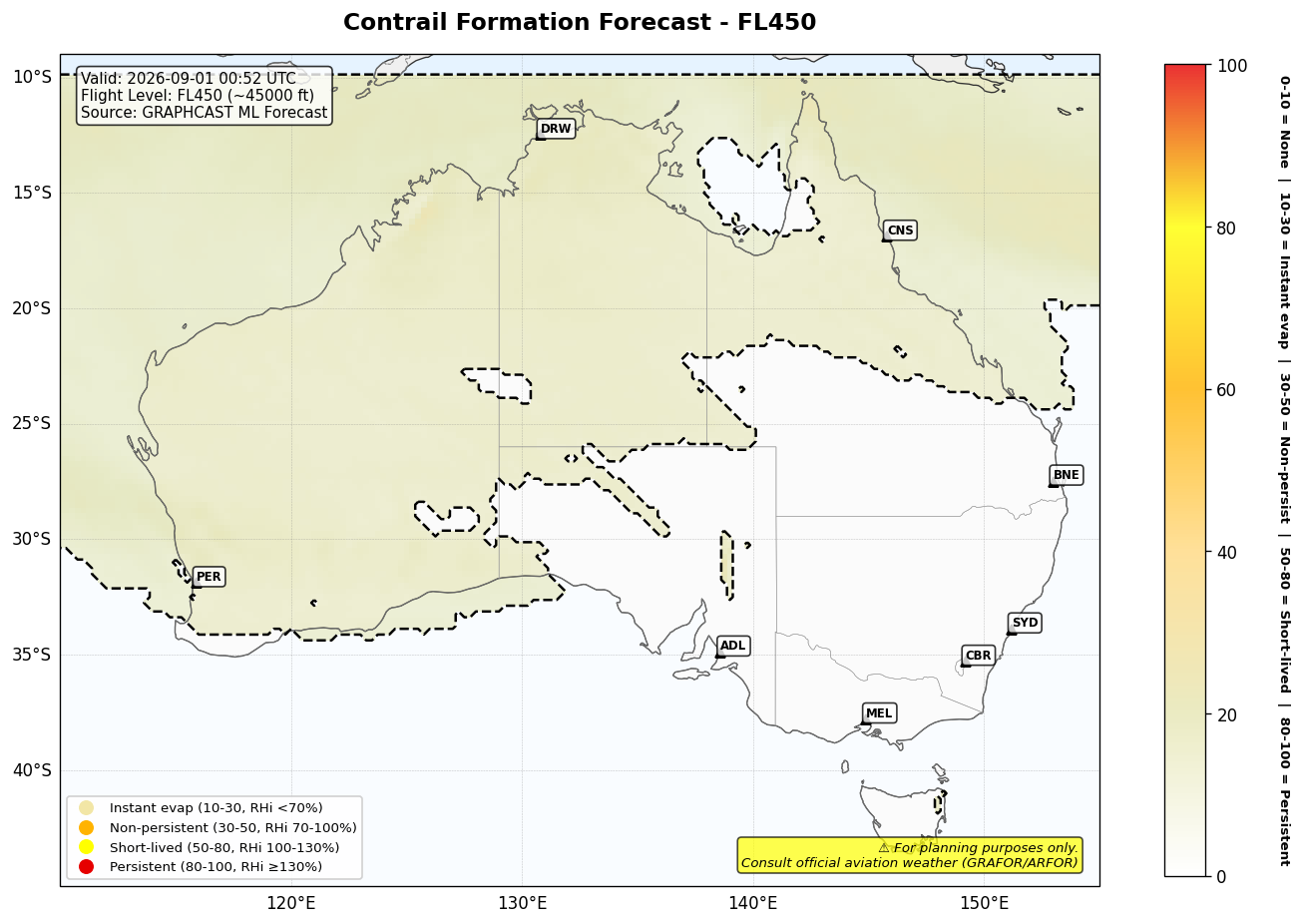 Contrail forecast for FL450 at 2026-09-01 00:52 UTC