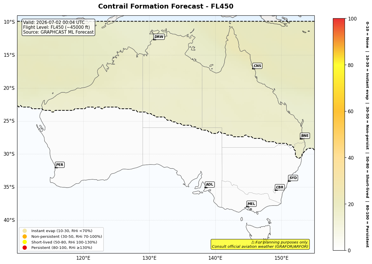 Contrail forecast for FL450 at 2026-07-02 00:04 UTC