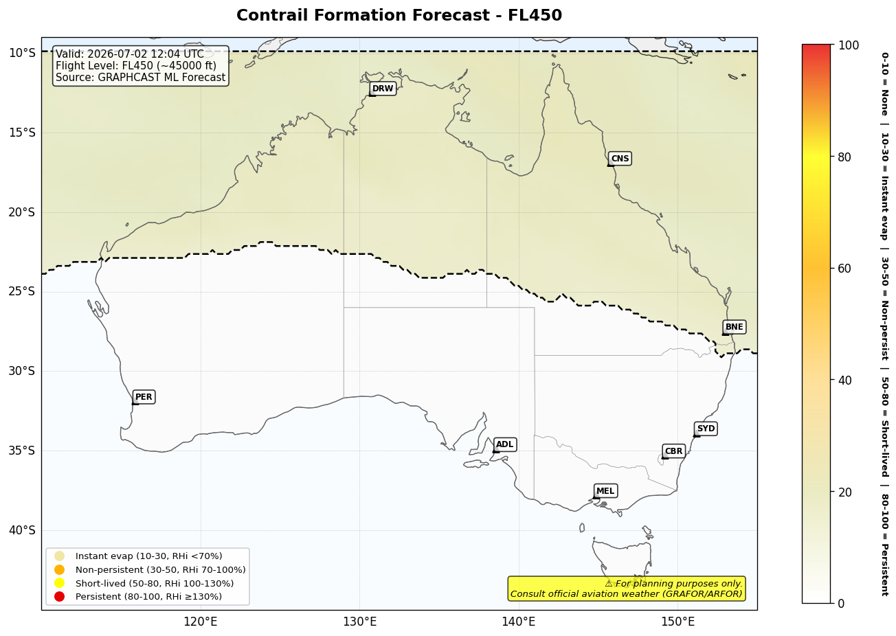 Contrail forecast for FL450 at 2026-07-02 12:04 UTC