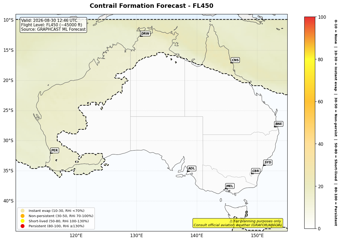 Contrail forecast for FL450 at 2026-08-30 12:46 UTC