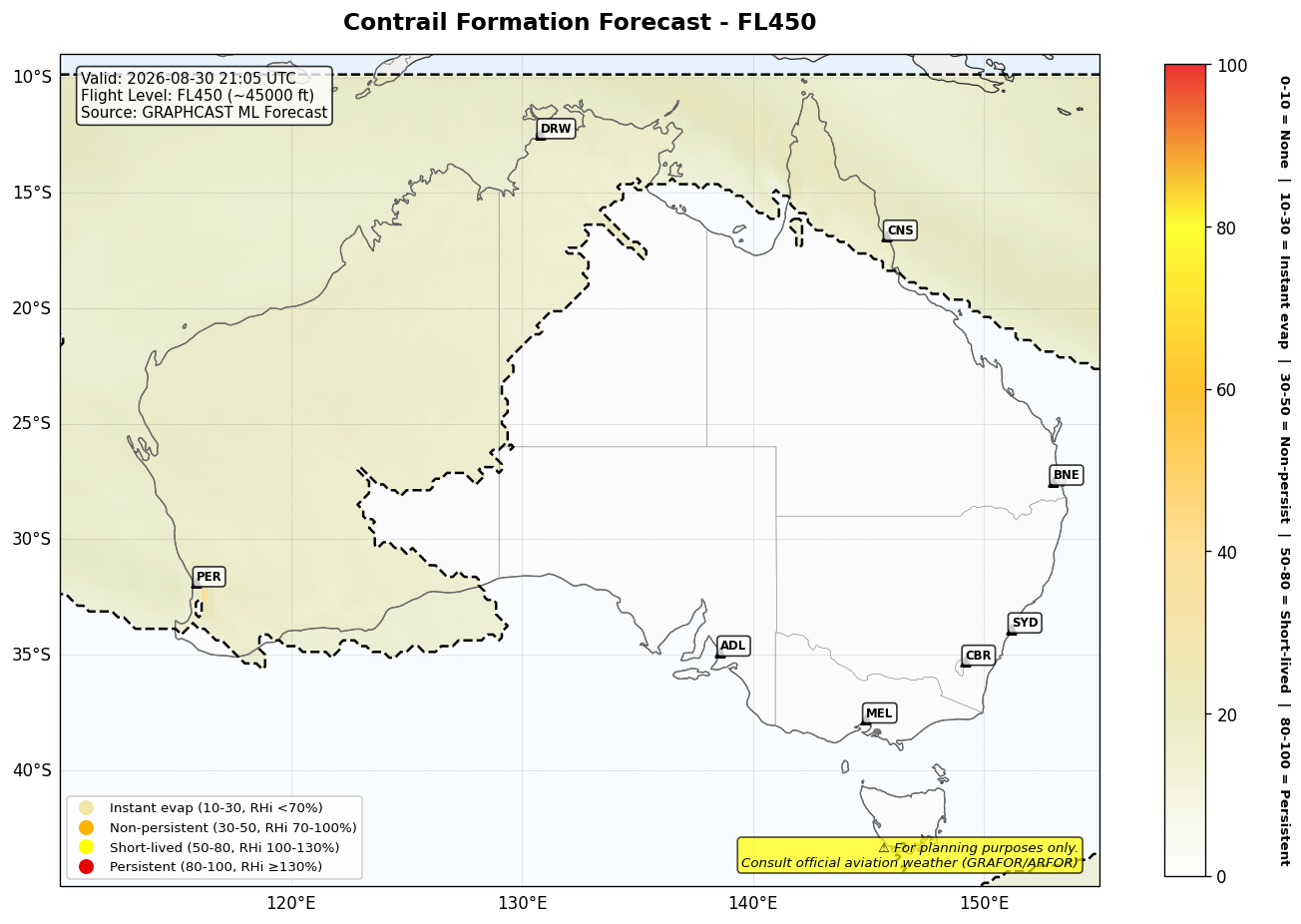 Contrail forecast for FL450 at 2026-08-30 21:05 UTC