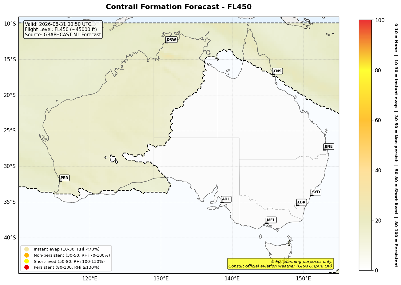 Contrail forecast for FL450 at 2026-08-31 00:50 UTC