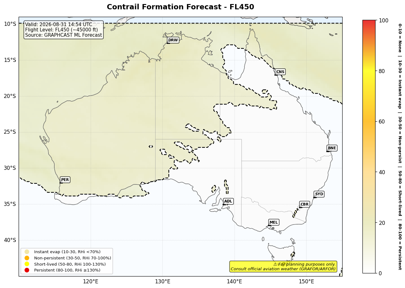 Contrail forecast for FL450 at 2026-08-31 14:54 UTC