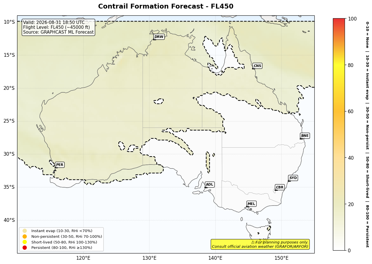 Contrail forecast for FL450 at 2026-08-31 18:50 UTC