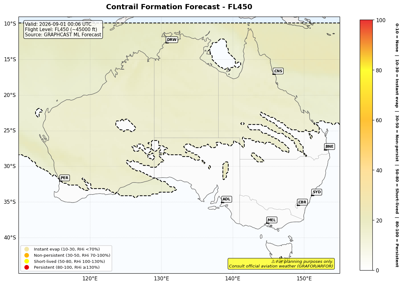 Contrail forecast for FL450 at 2026-09-01 00:06 UTC
