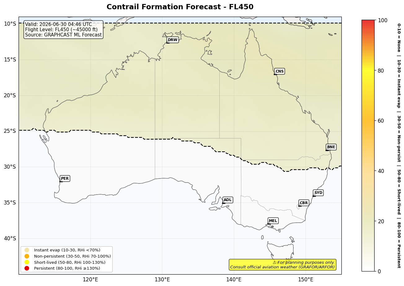 Contrail forecast for FL450 at 2026-06-30 04:46 UTC