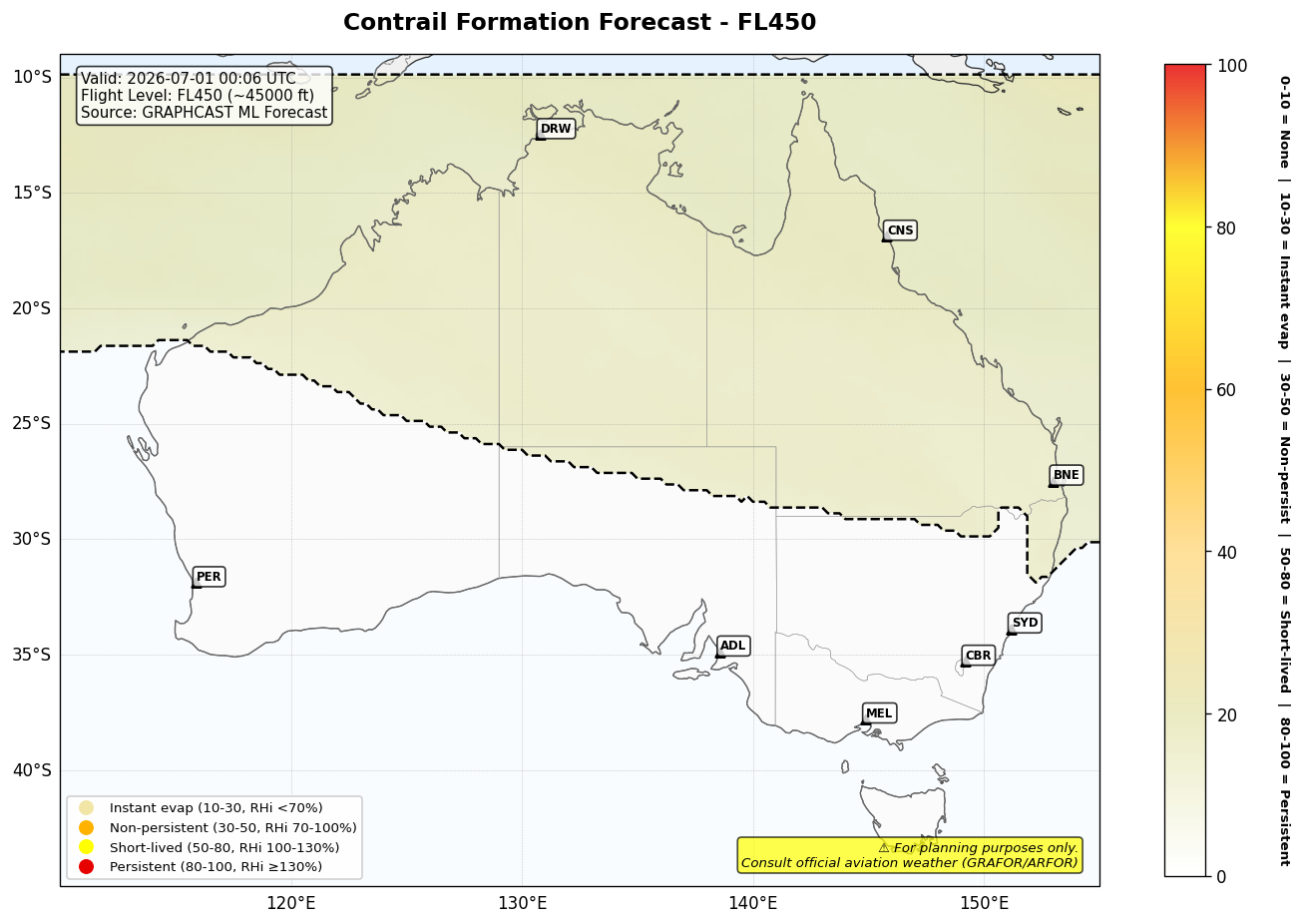 Contrail forecast for FL450 at 2026-07-01 00:06 UTC