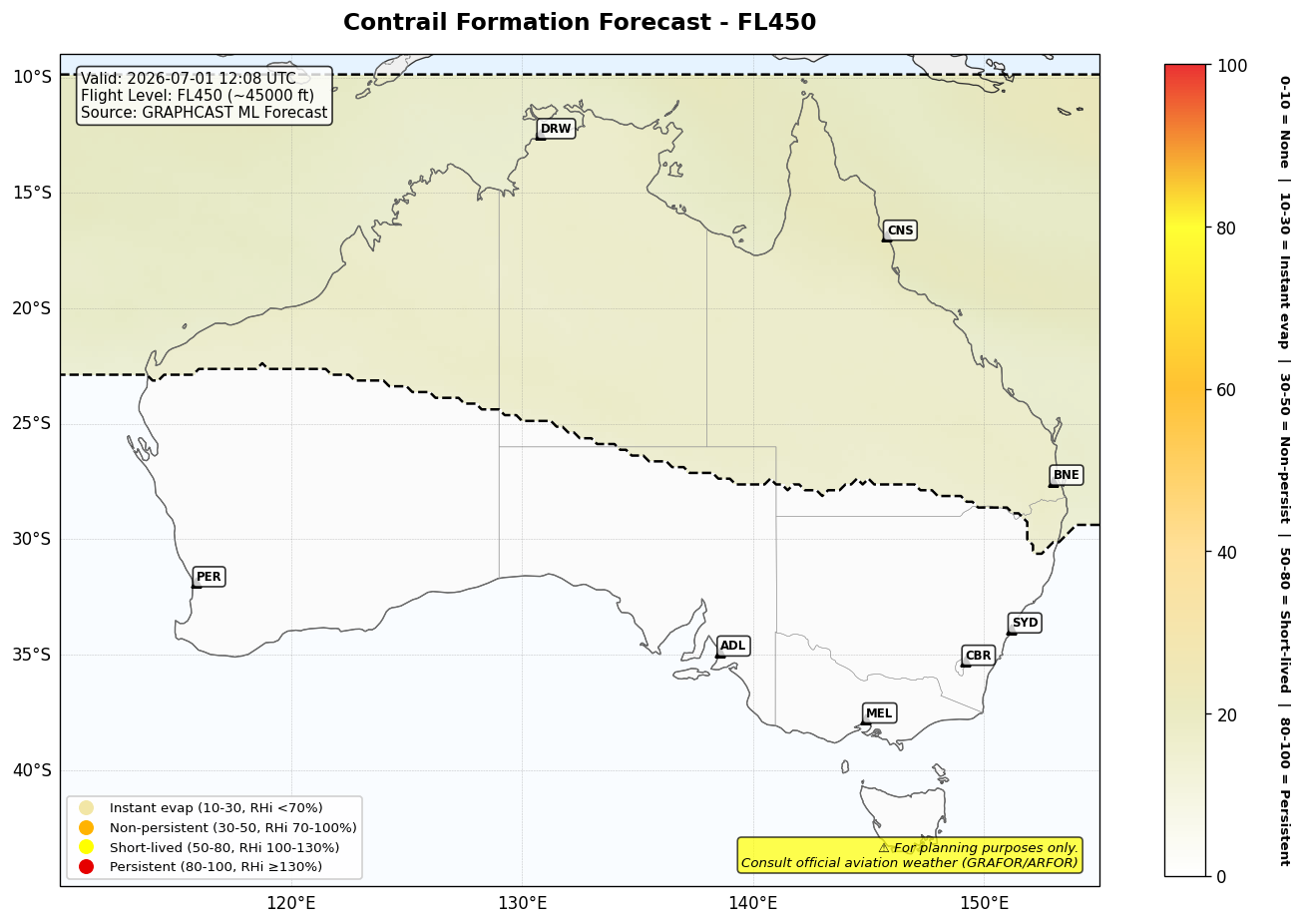 Contrail forecast for FL450 at 2026-07-01 12:08 UTC