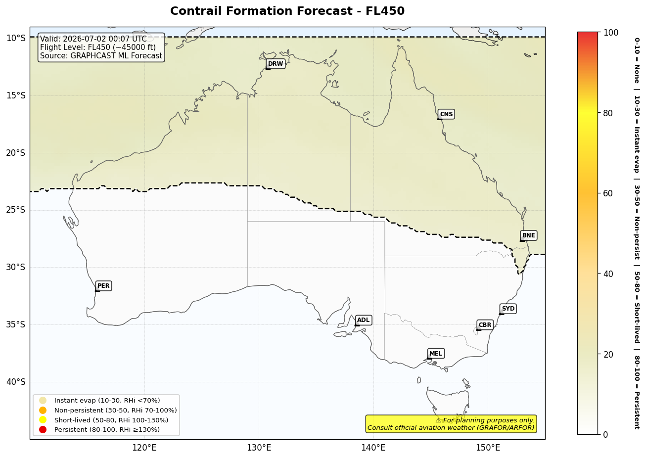 Contrail forecast for FL450 at 2026-07-02 00:07 UTC