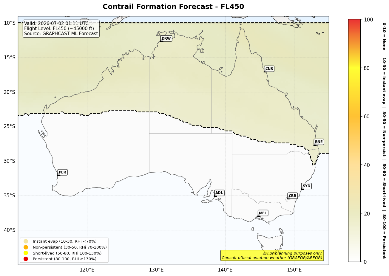 Contrail forecast for FL450 at 2026-07-02 01:11 UTC
