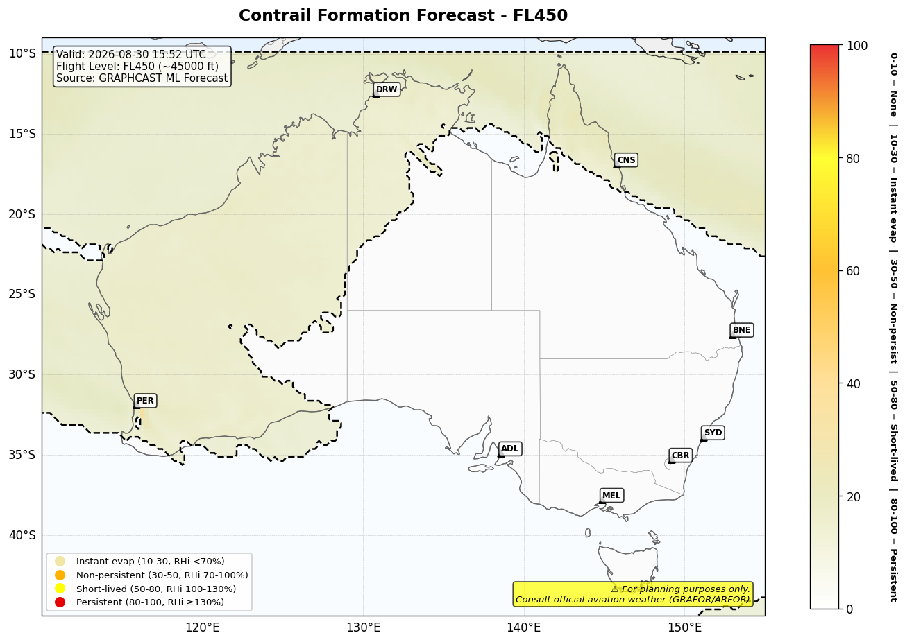 Contrail forecast for FL450 at 2026-08-30 15:52 UTC