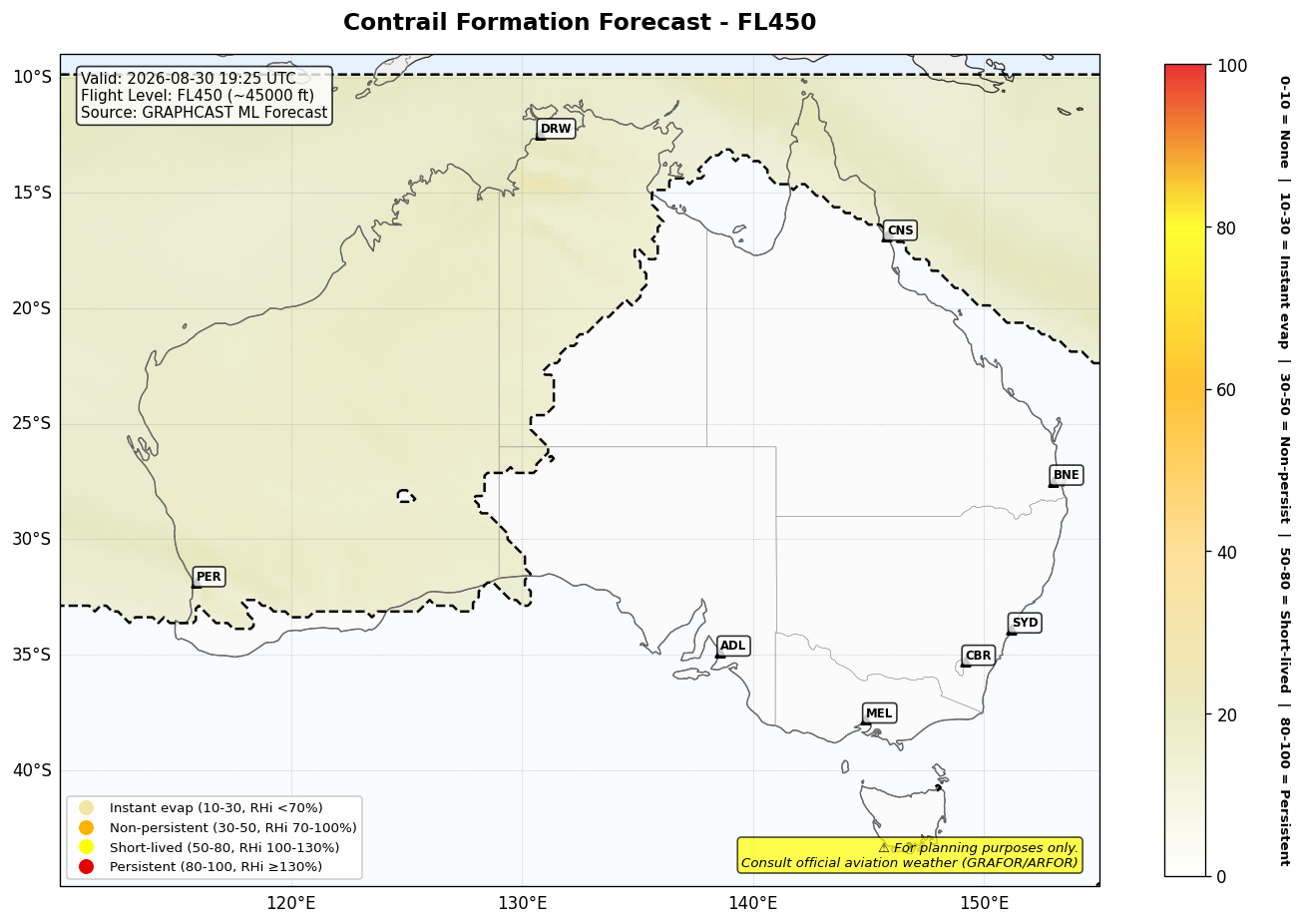 Contrail forecast for FL450 at 2026-08-30 19:25 UTC