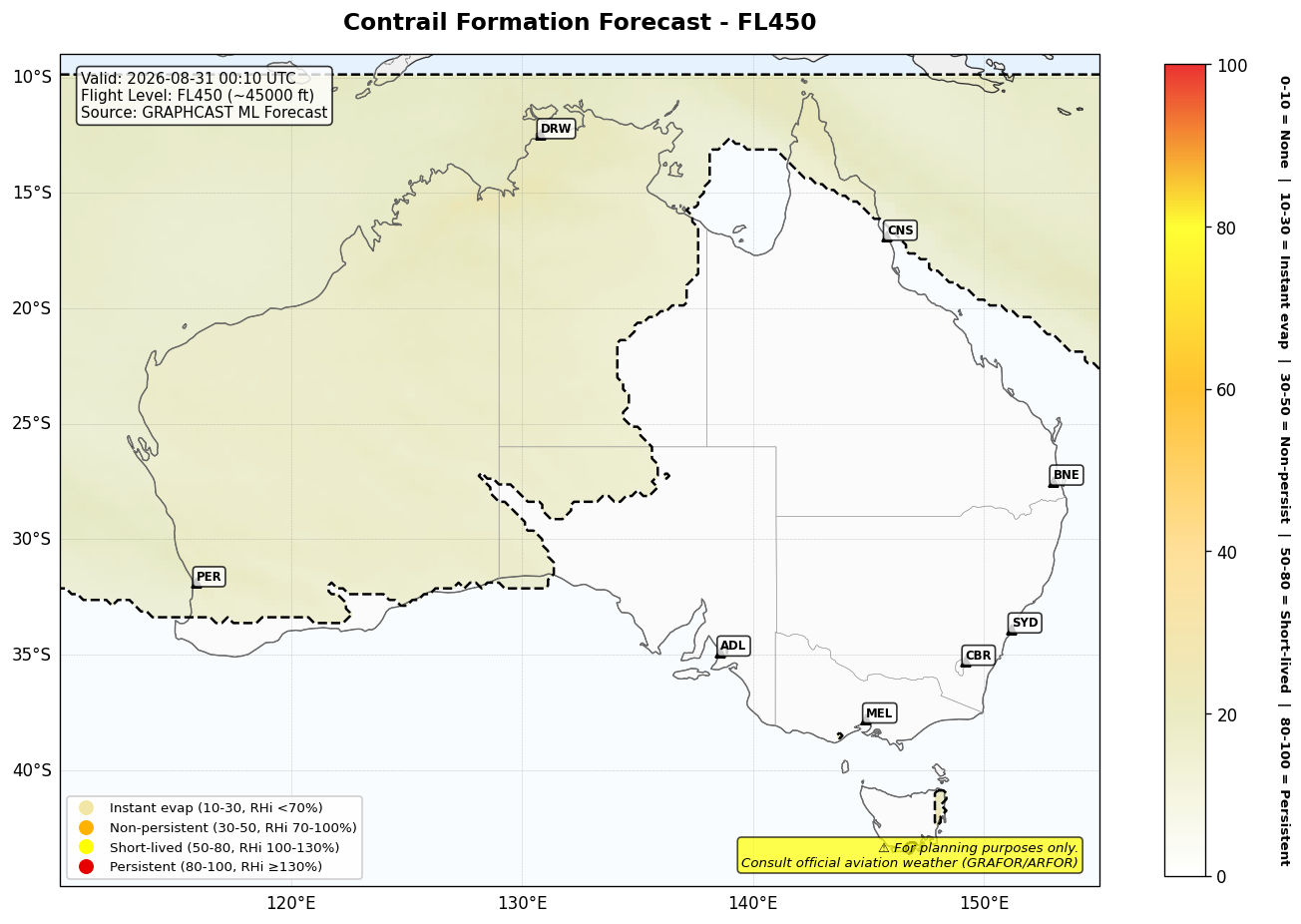 Contrail forecast for FL450 at 2026-08-31 00:10 UTC