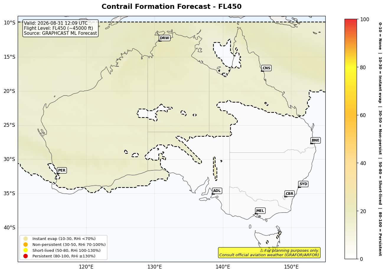 Contrail forecast for FL450 at 2026-08-31 12:09 UTC