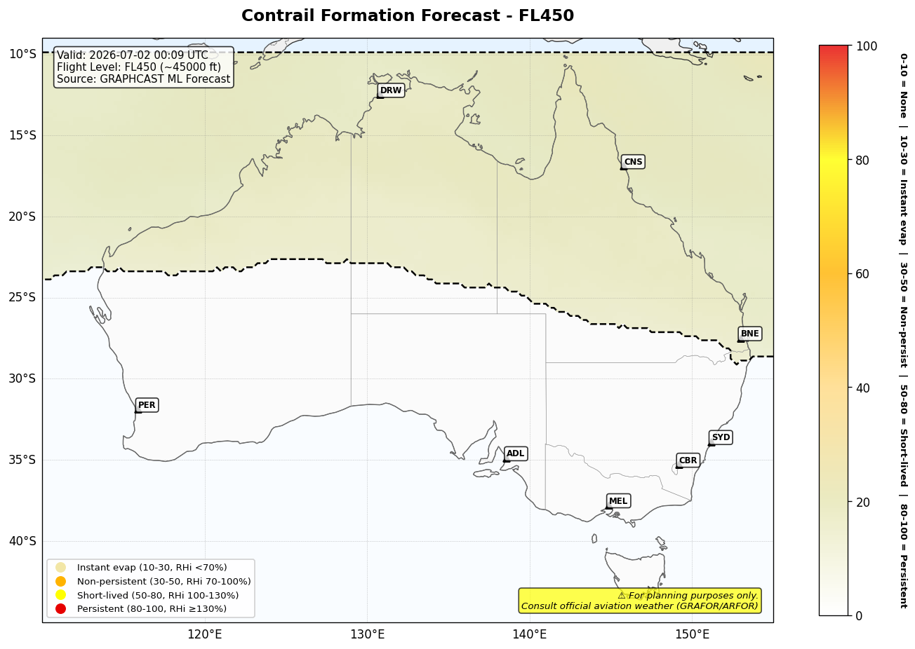 Contrail forecast for FL450 at 2026-07-02 00:09 UTC