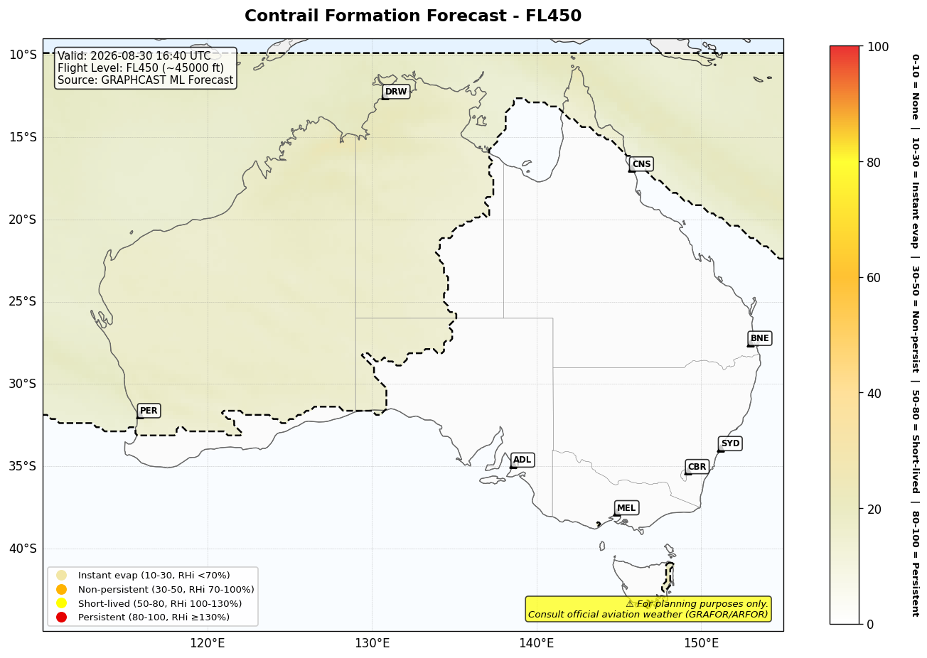 Contrail forecast for FL450 at 2026-08-30 16:40 UTC