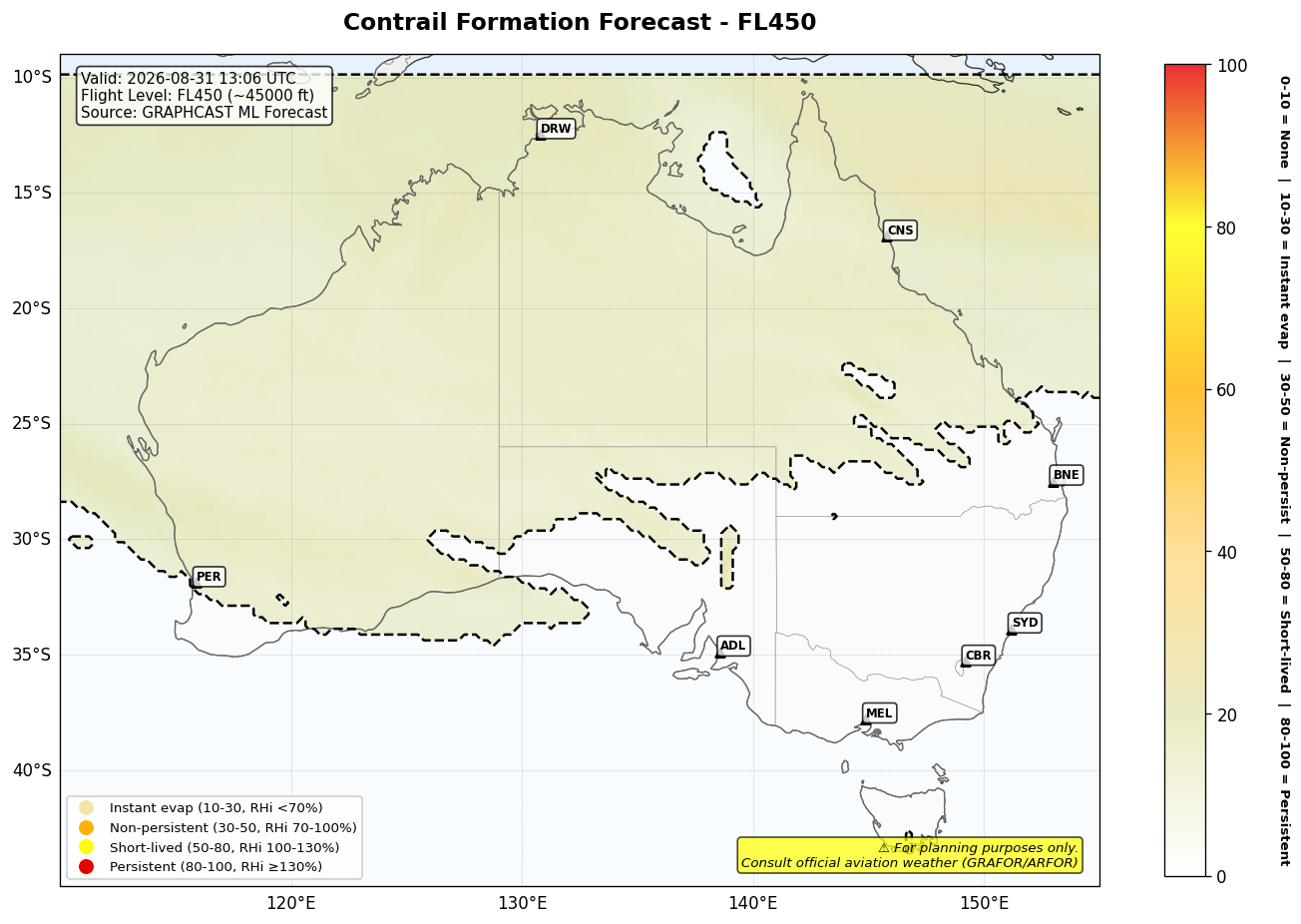 Contrail forecast for FL450 at 2026-08-31 13:06 UTC