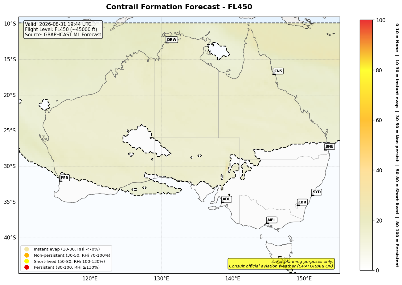Contrail forecast for FL450 at 2026-08-31 19:44 UTC