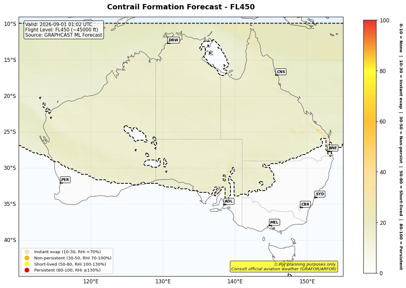 Contrail forecast for FL450 at 2026-09-01 01:02 UTC